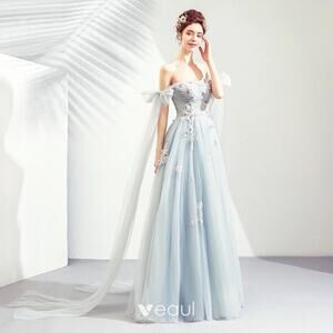 Baby Blue Tulle Lace Embroidered Maxi Gown Drape Sleeves M